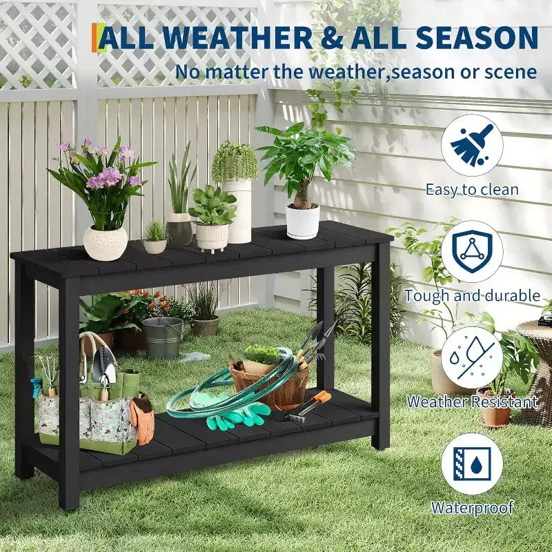 48 Inch 2-Shelf Console Table, Adjustable Foot Pad, Wooden Bar Storage Organizer, for Patio, Porch, Backyard, Garden