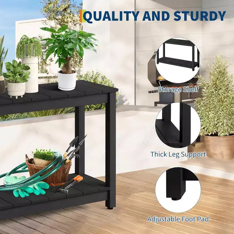 48 Inch 2-Shelf Console Table, Adjustable Foot Pad, Wooden Bar Storage Organizer, for Patio, Porch, Backyard, Garden