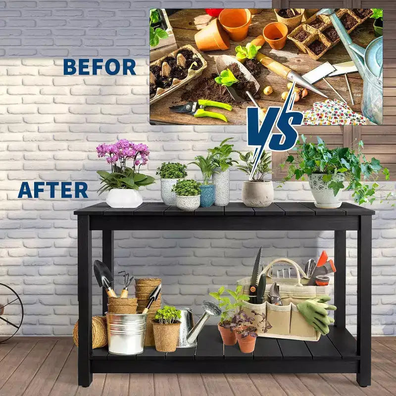 48 Inch 2-Shelf Console Table, Adjustable Foot Pad, Wooden Bar Storage Organizer, for Patio, Porch, Backyard, Garden