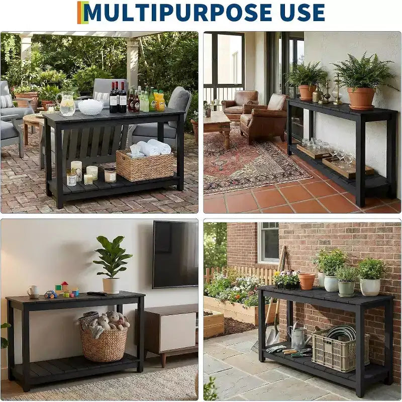 48 Inch 2-Shelf Console Table, Adjustable Foot Pad, Wooden Bar Storage Organizer, for Patio, Porch, Backyard, Garden