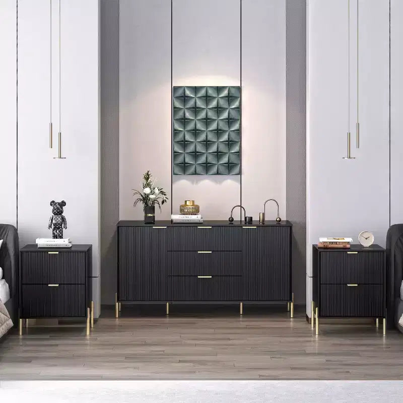 Modern Elegance 2 Drawer Nightstands and 3 Drawer Dresser, Black